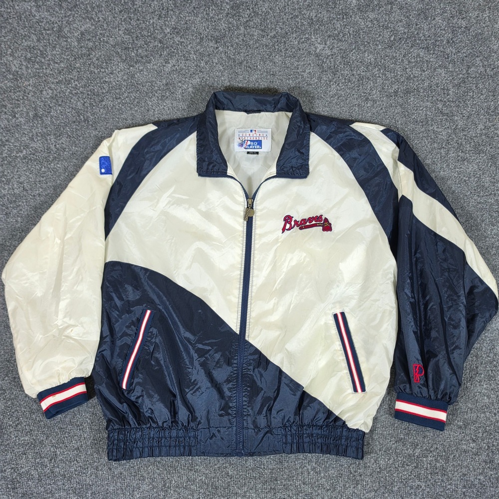 Vintage Pro Player Atlanta Braves MLB Windbreaker Jacket Mens XL Navy White Zip